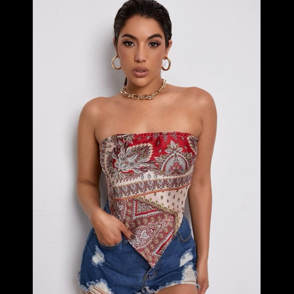 SHEIN Paisley Print Bandana Tube Top SMALL 4 SATIN SCARF RED STRAPLESS FESTIVAL - Picture 5 of 6